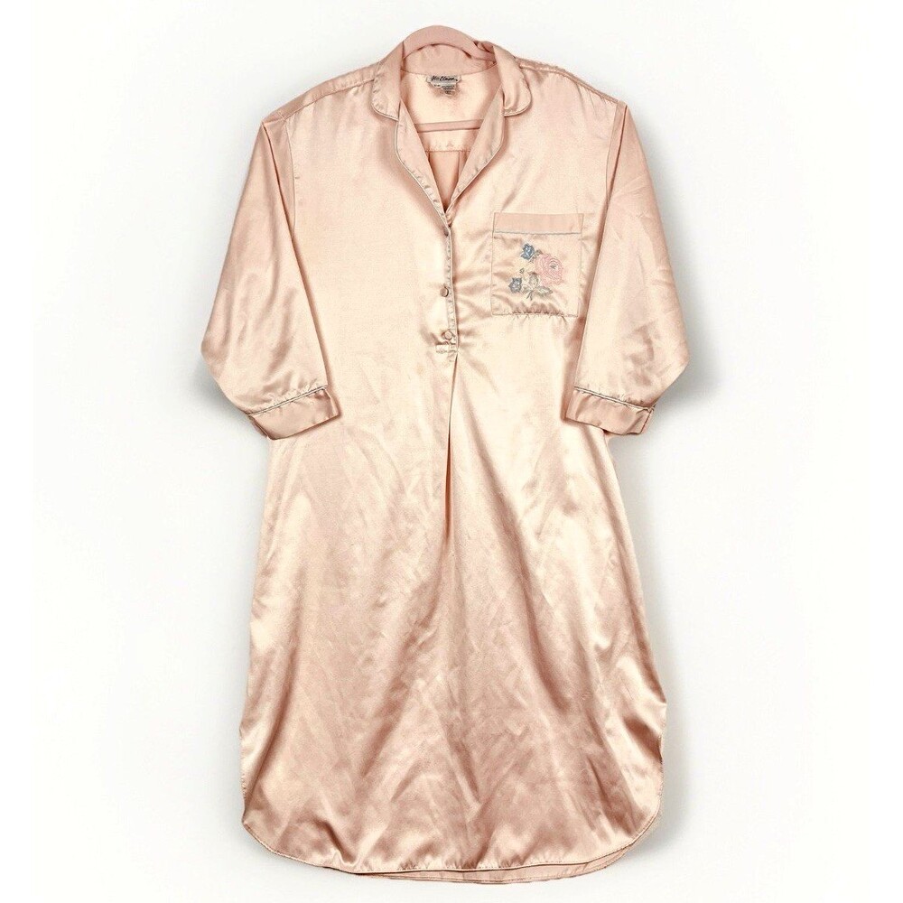 VTG Miss Elaine Lt Pink Nightgown Lingerie Embroidered Floral Pocket Womens SZ M